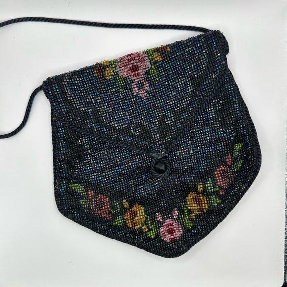 Vintage Retro style Fabric Beaded Black & Floral Evening Handbag VTG Retro 1950s - Picture 10 of 10